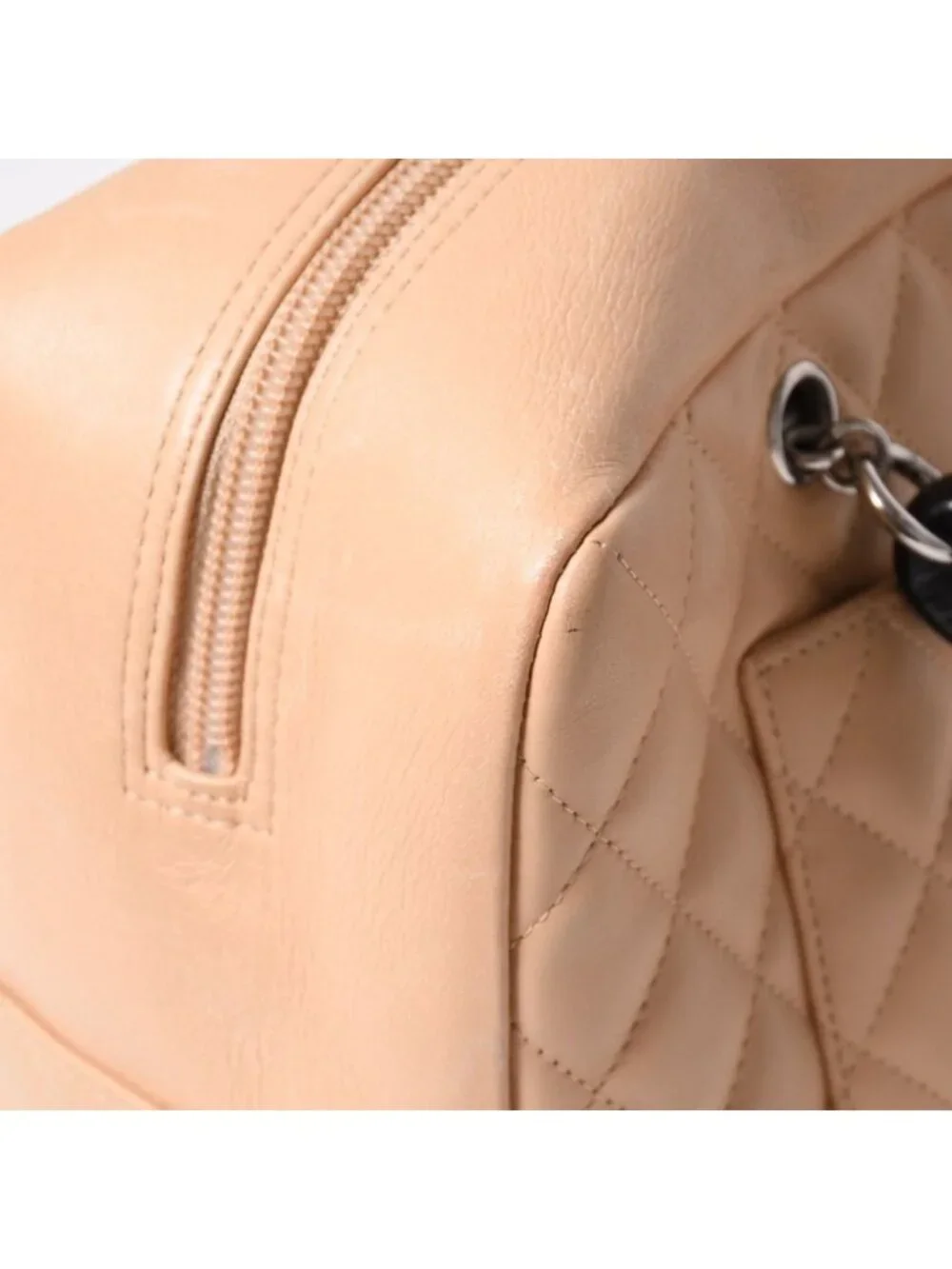 Chanel Cambon Line Bowling Bag Lambskin Beige Black CC Logo Silver